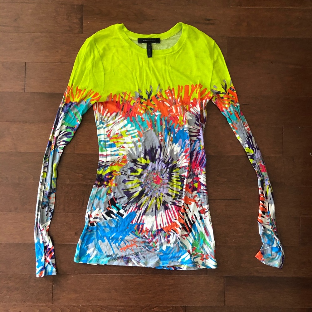 BCBGMaxAzria Neon Yellow Multicolor Long Sleeve Top